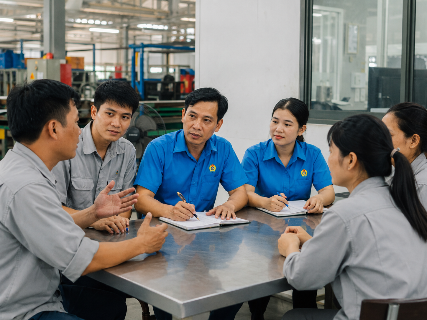Công đoàn ngành là gì? Chức năng, nhiệm vụ và cơ cấu tổ chức 3 Cán bộ công đoàn trao đổi trực tiếp với người lao động để nắm bắt việc làm, tiền lương và điều kiện làm việc.