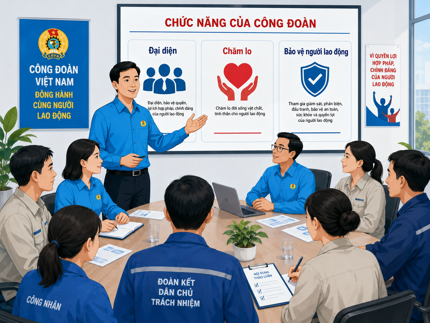 Cán bộ và đại biểu công đoàn cùng triển khai chức năng đại diện, chăm lo và bảo vệ người lao động.