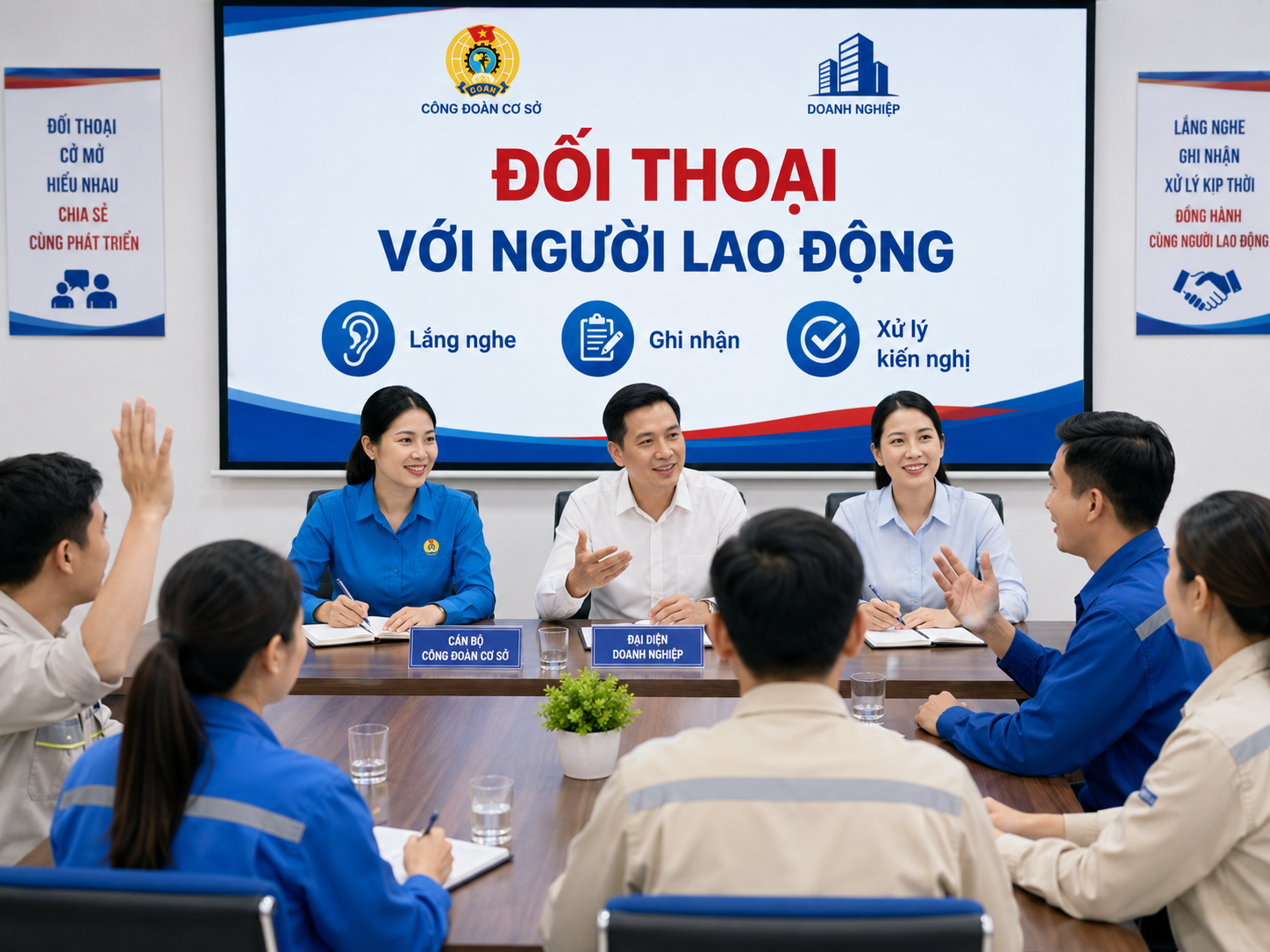 Công đoàn cơ sở phối hợp tổ chức đối thoại để ghi nhận và xử lý kiến nghị của người lao động.
