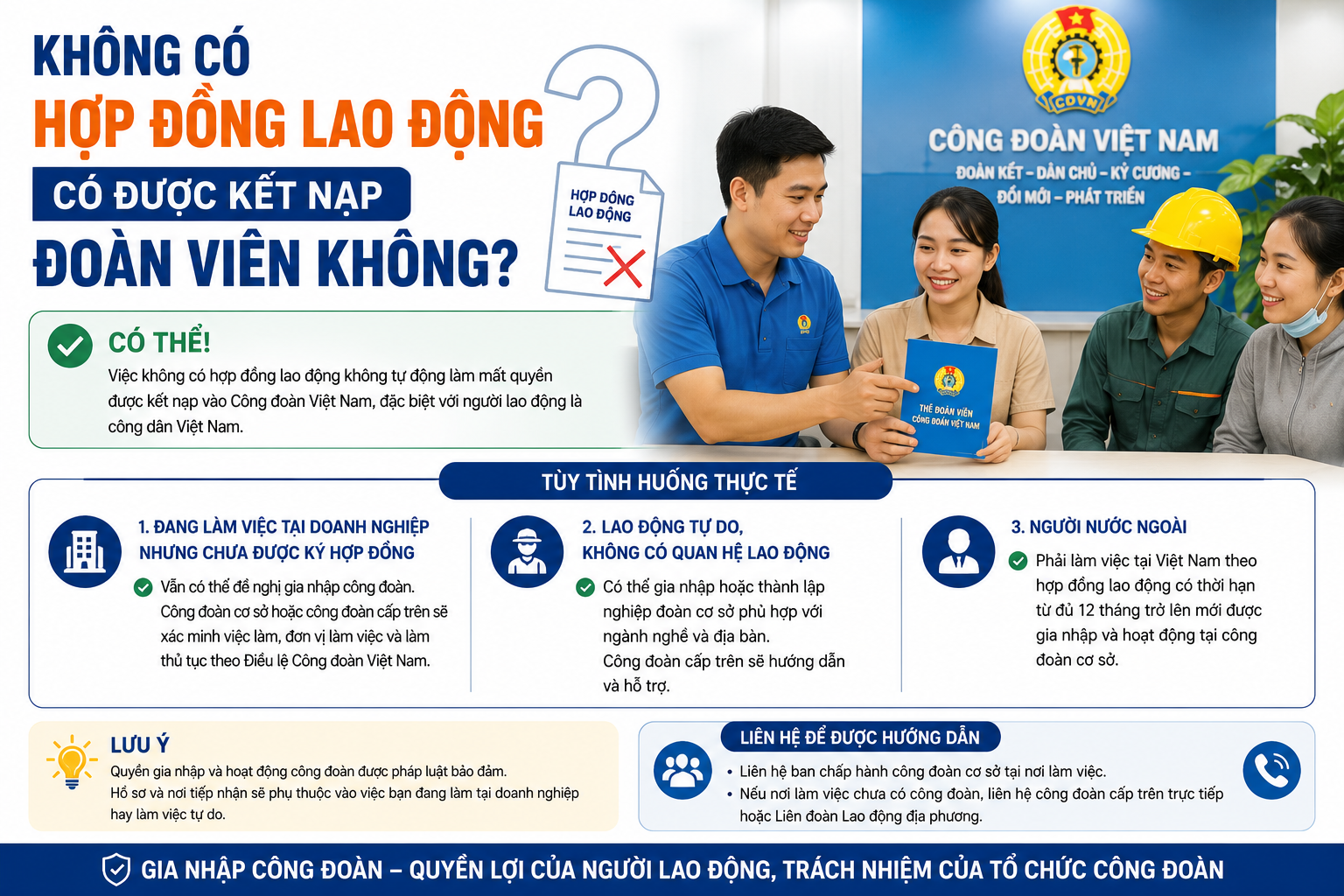 Kết nạp đoàn viên công đoàn: Điều kiện, hồ sơ và quy trình mới nhất 4 Không có hợp đồng lao động có được kết nạp đoàn viên không?