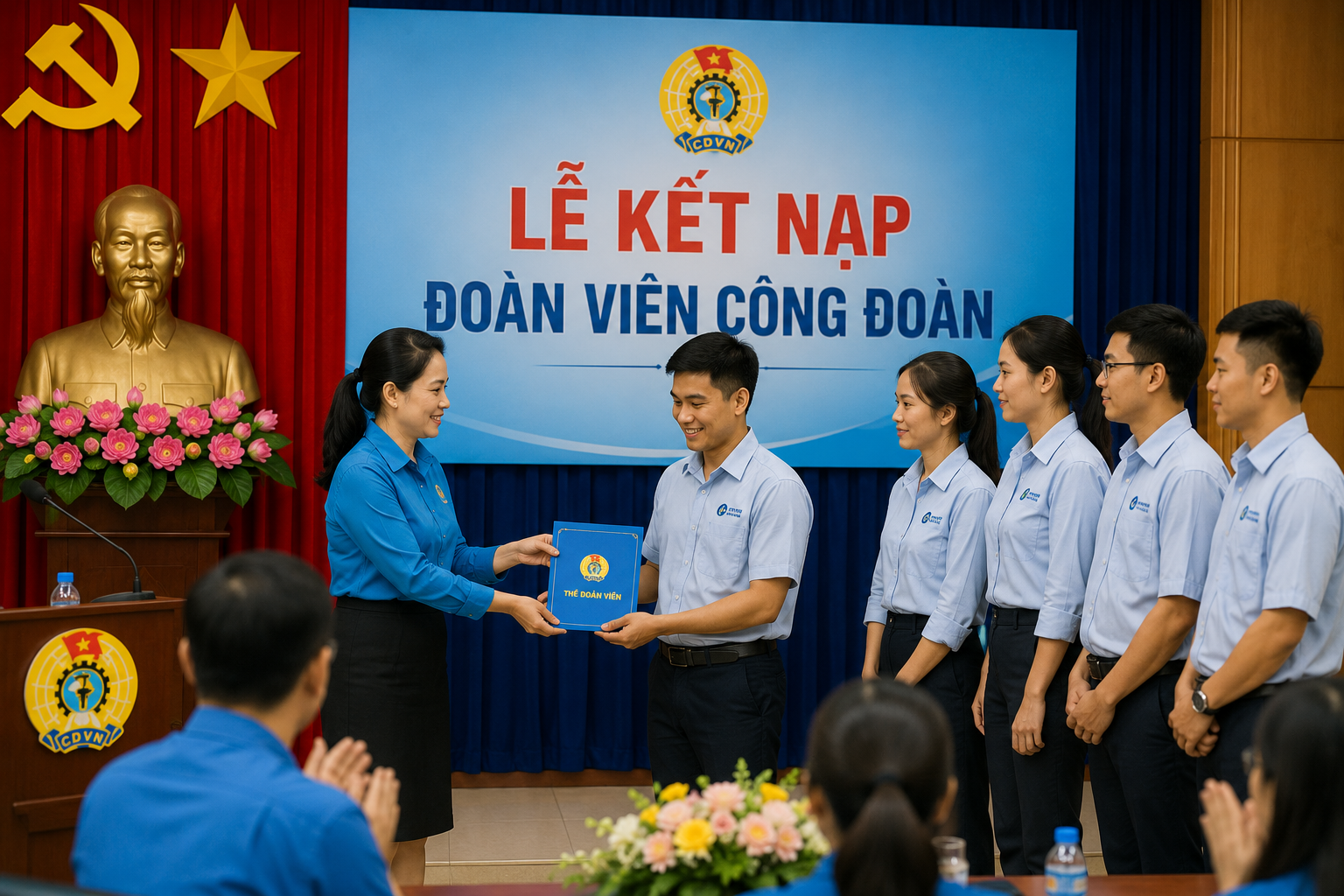 Kết nạp đoàn viên công đoàn: Điều kiện, hồ sơ và quy trình mới nhất 1 Lễ kết nạp đoàn viên công đoàn giúp người lao động chính thức tham gia tổ chức đại diện tại nơi làm việc.
