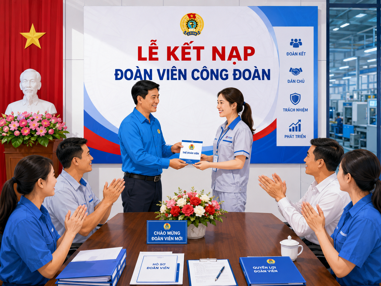 Đoàn viên công đoàn là gì? Quyền lợi và trách nhiệm mới nhất 2026 3 Lễ kết nạp đoàn viên công đoàn tại doanh nghiệp sau khi người lao động hoàn tất thủ tục gia nhập.