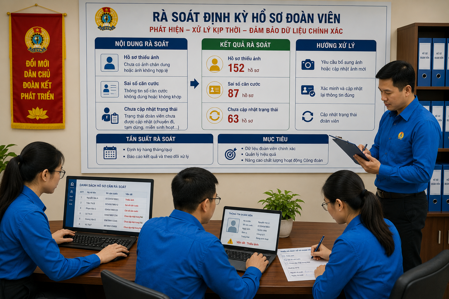 Thông tin đoàn viên công đoàn gồm những gì? Cách cập nhật và quản lý dữ liệu 6 Rà soát định kỳ giúp phát hiện hồ sơ thiếu ảnh, sai số căn cước hoặc chưa cập nhật trạng thái đoàn viên.