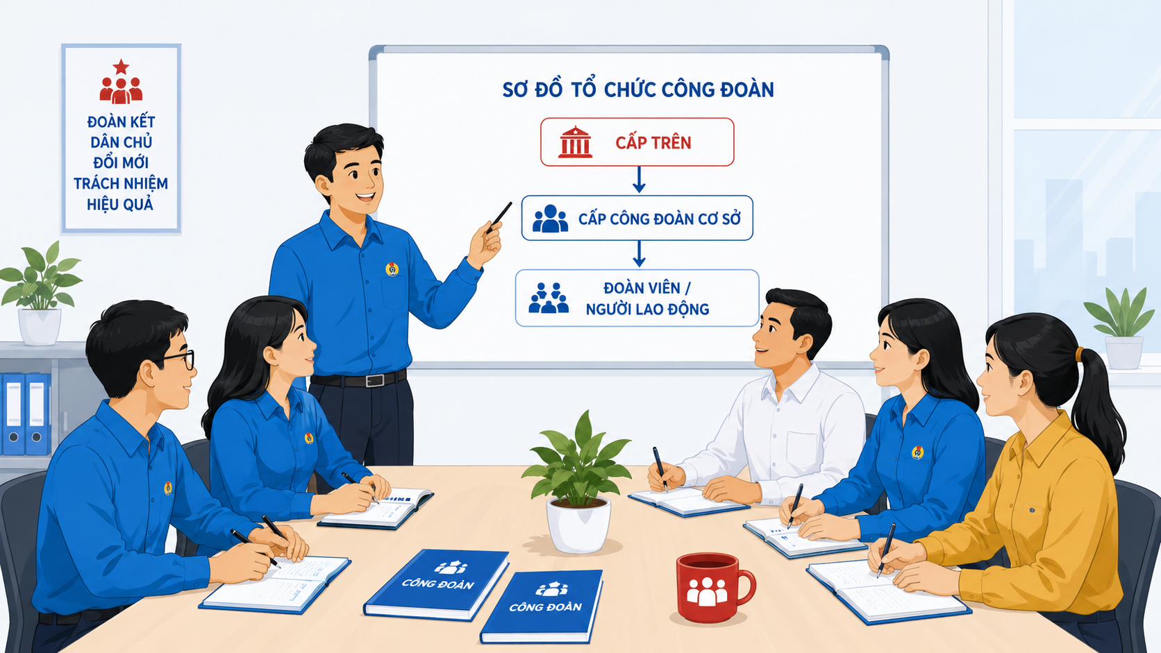 Tổ chức công đoàn gồm mấy cấp? Cơ cấu và 7 nguyên tắc hoạt động 2 Cán bộ trao đổi về cơ cấu tổ chức công đoàn và hoạt động ở cấp cơ sở
