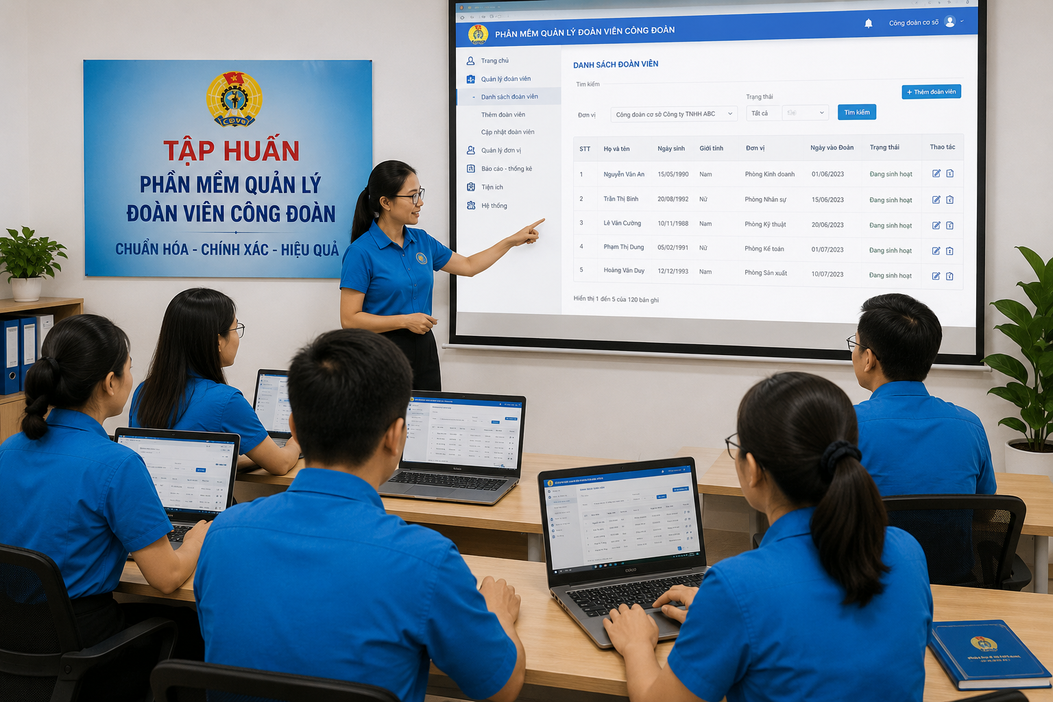 Top 5 phần mềm quản lý đoàn viên công đoàn hiệu quả cho công đoàn cơ sở 2 Cán bộ công đoàn được hướng dẫn thao tác trên phần mềm quản lý đoàn viên công đoàn.