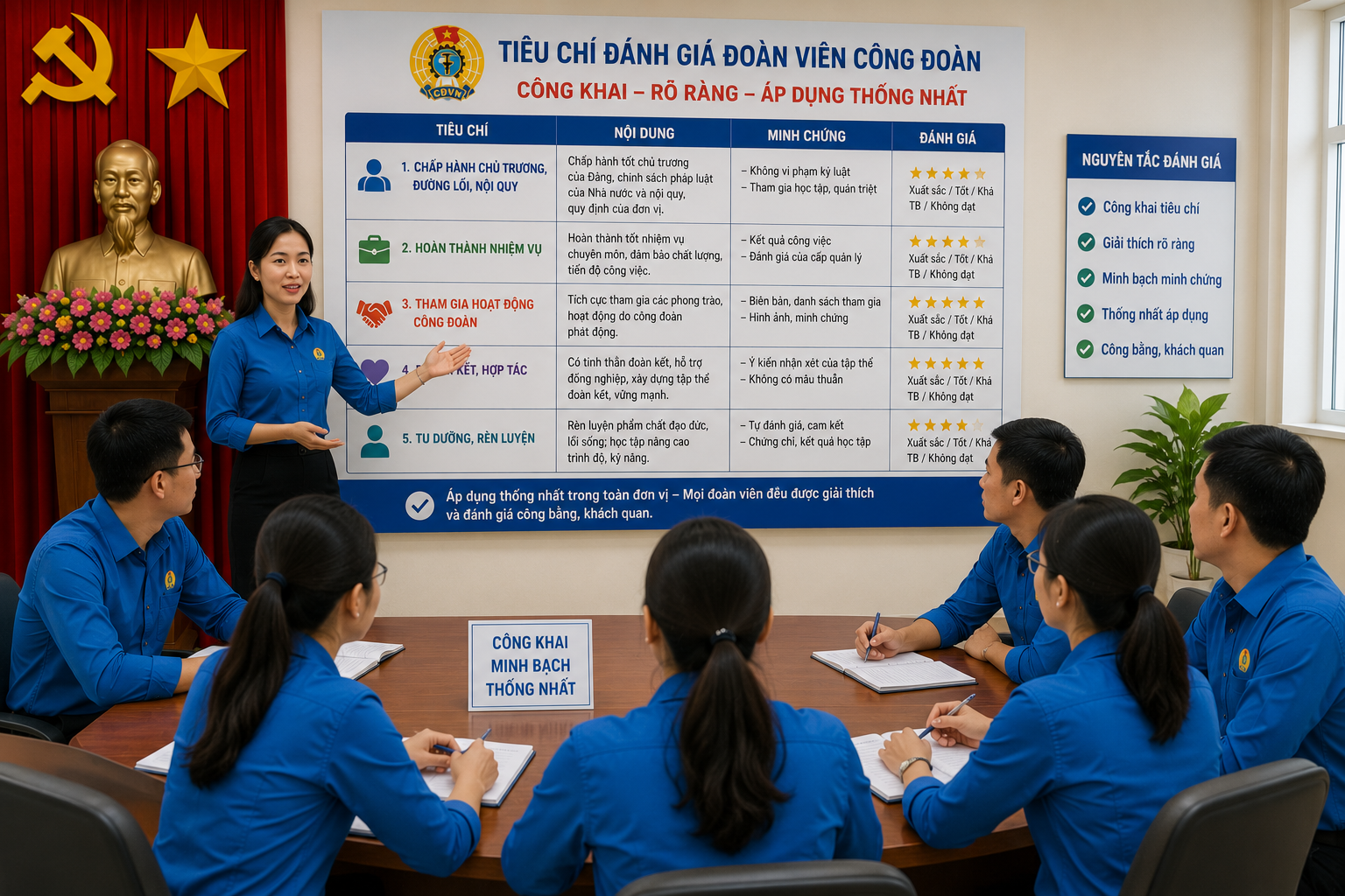 Đánh giá đoàn viên công đoàn: 7 tiêu chí quan trọng, quy trình và mẫu thực hiện 2 Tiêu chí đánh giá đoàn viên cần được công khai, giải thích rõ và áp dụng thống nhất trong cùng đơn vị.