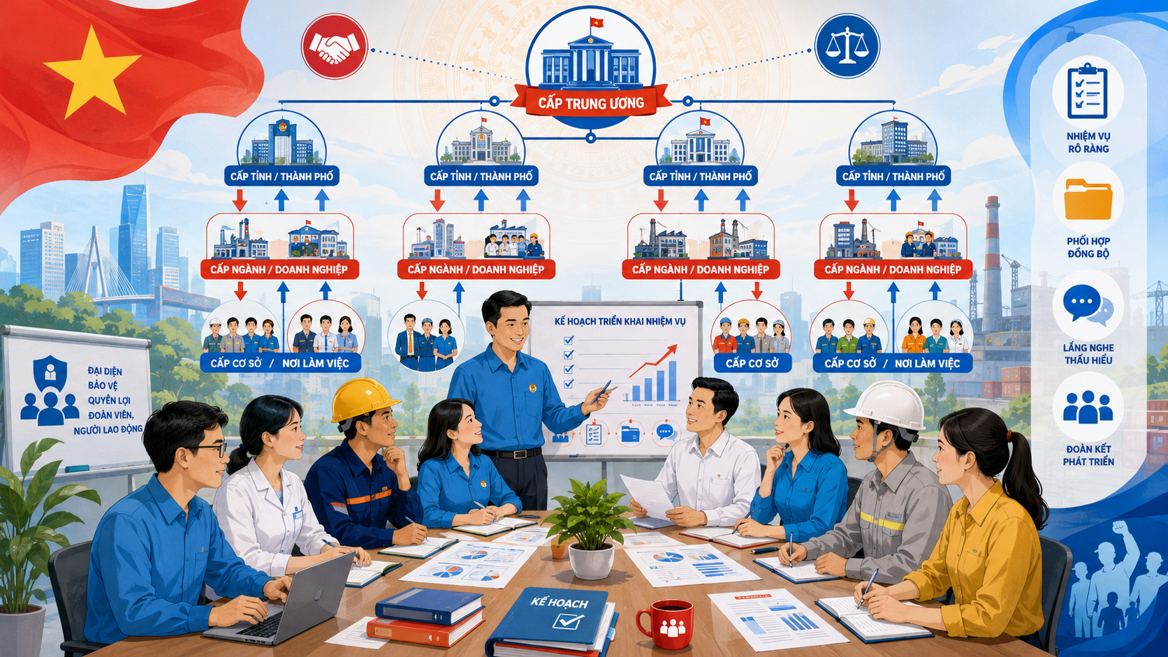 Tổ chức công đoàn gồm mấy cấp? Cơ cấu và 7 nguyên tắc hoạt động 1 Tổ chức công đoàn triển khai nhiệm vụ trong hệ thống công đoàn các cấp