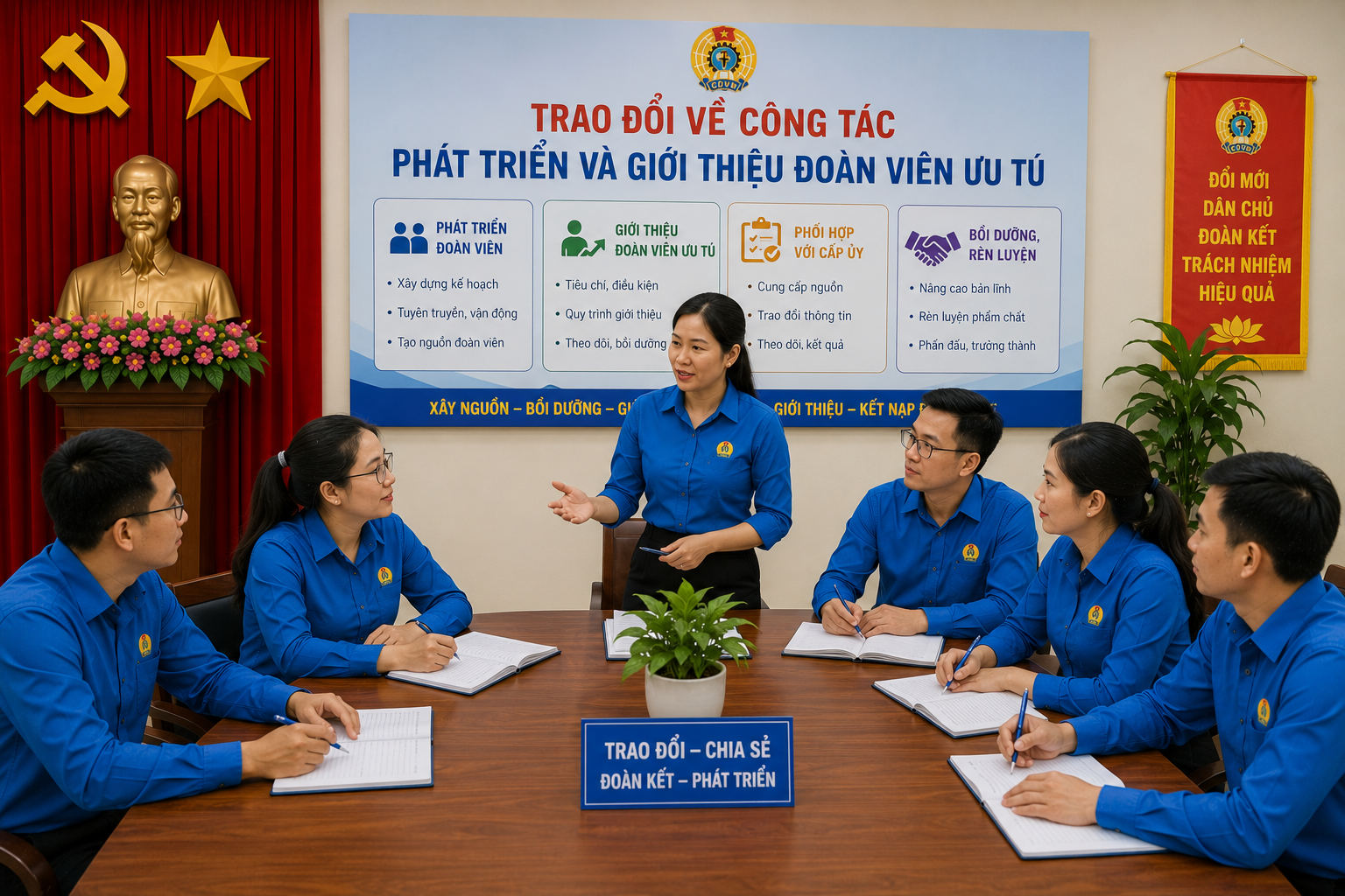 Cán bộ công đoàn trao đổi về công tác phát triển và giới thiệu đoàn viên ưu tú. 