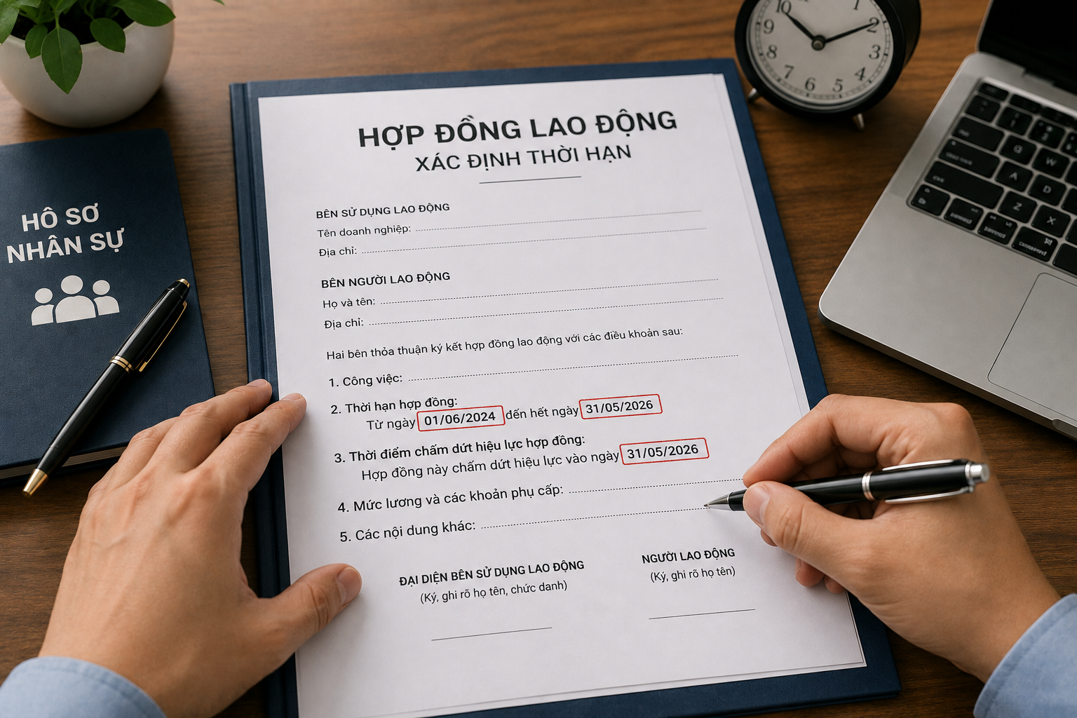 Hợp dồng lao dộng xác dịnh thời hạn cần ghi rõ thời hạn và thời diểm chấm dứt hiệu lực