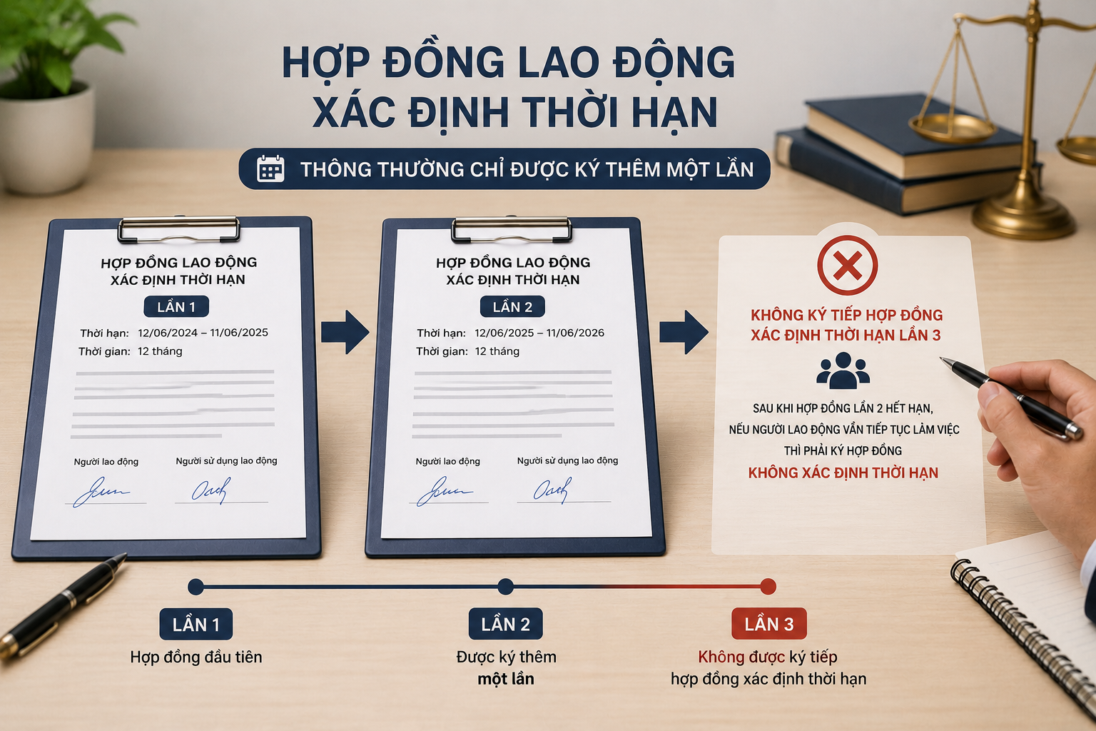 Thông thường hợp đồng lao động xác định thời hạn chỉ được ký thêm một lần sau hợp đồng đầu tiên.